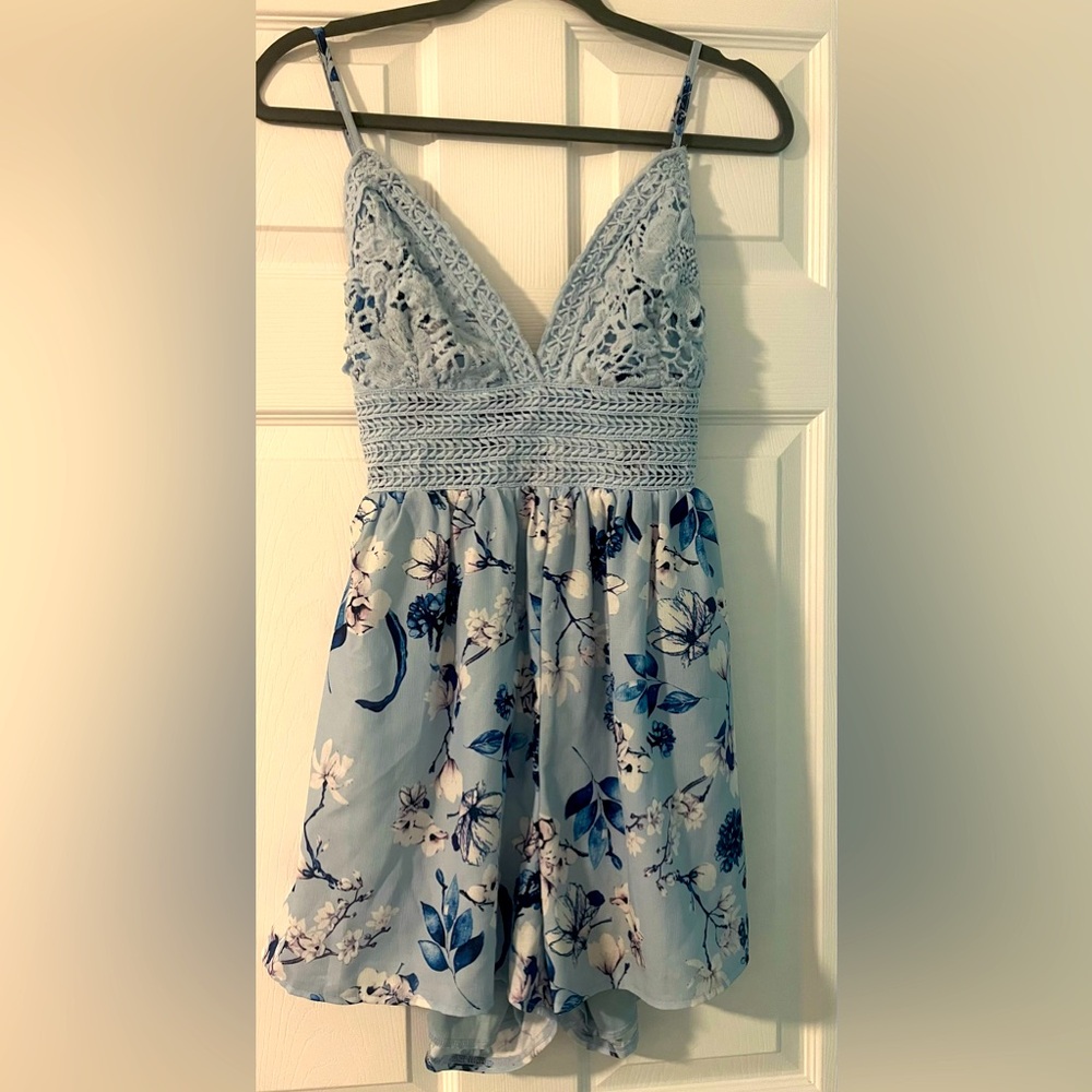Floral Lace Trim Romper with tie bow back